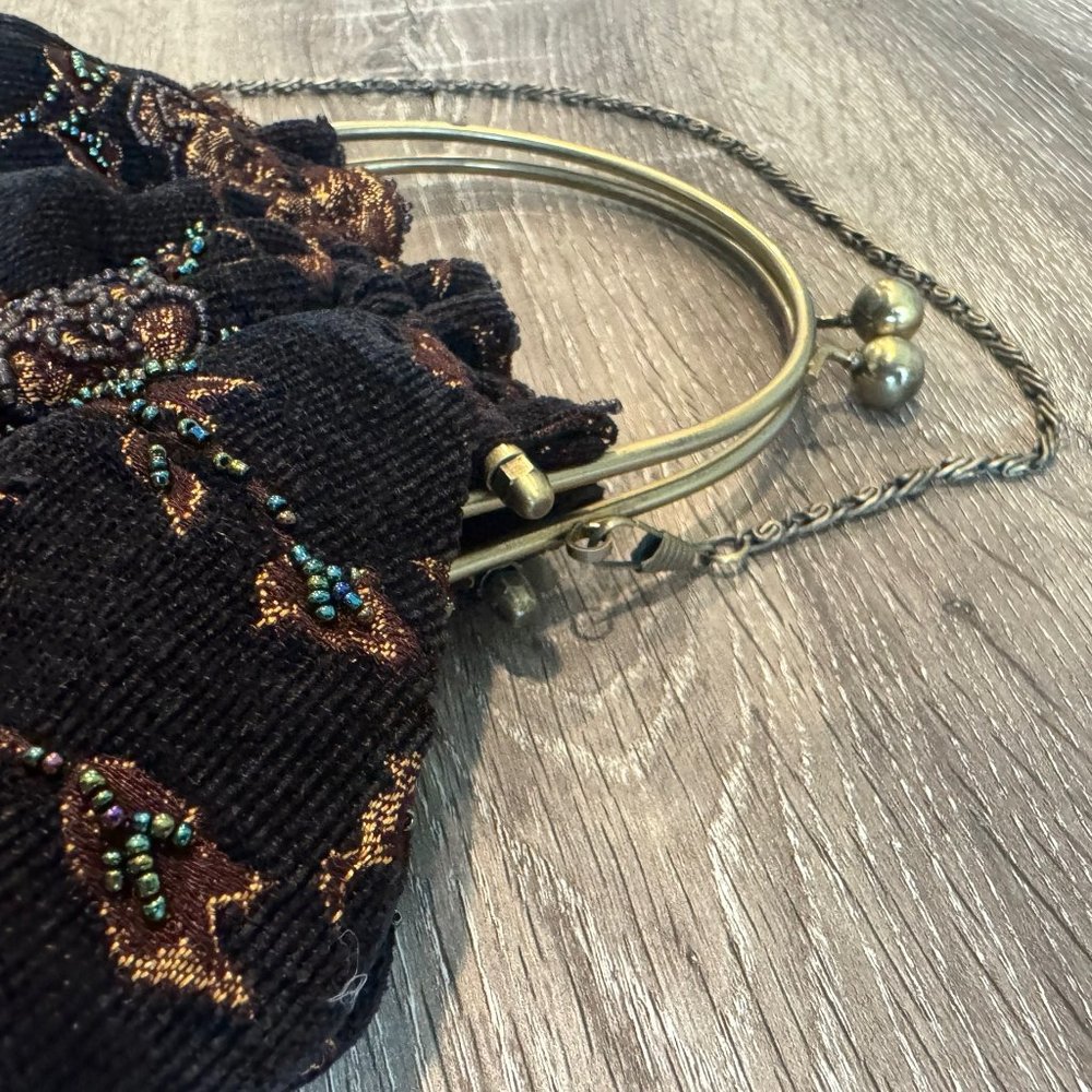 Brown and Black Velvet Purse with Beaded Details and Satin Lining. - Picture 2 of 8
